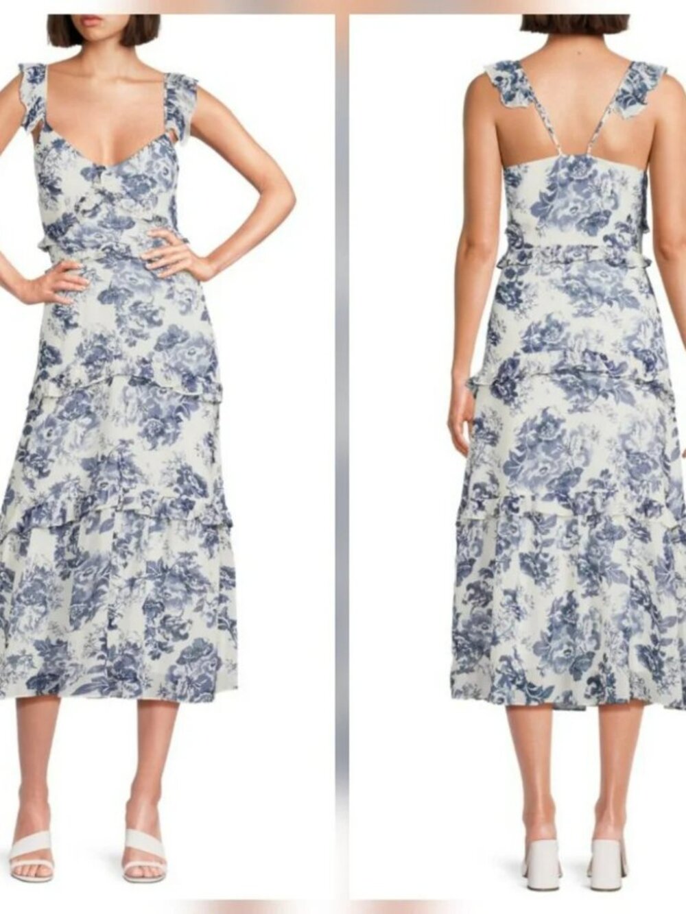 NWT O.P.T. White and Blue Floral Ruffle Midi Dress M - Picture 4 of 12